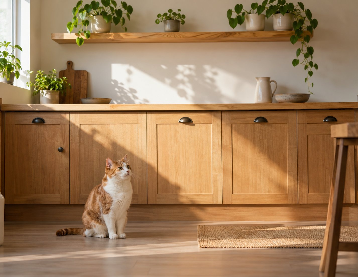 An orange-and-white cat sitting on a kitchen floor below a high shelf of plants.