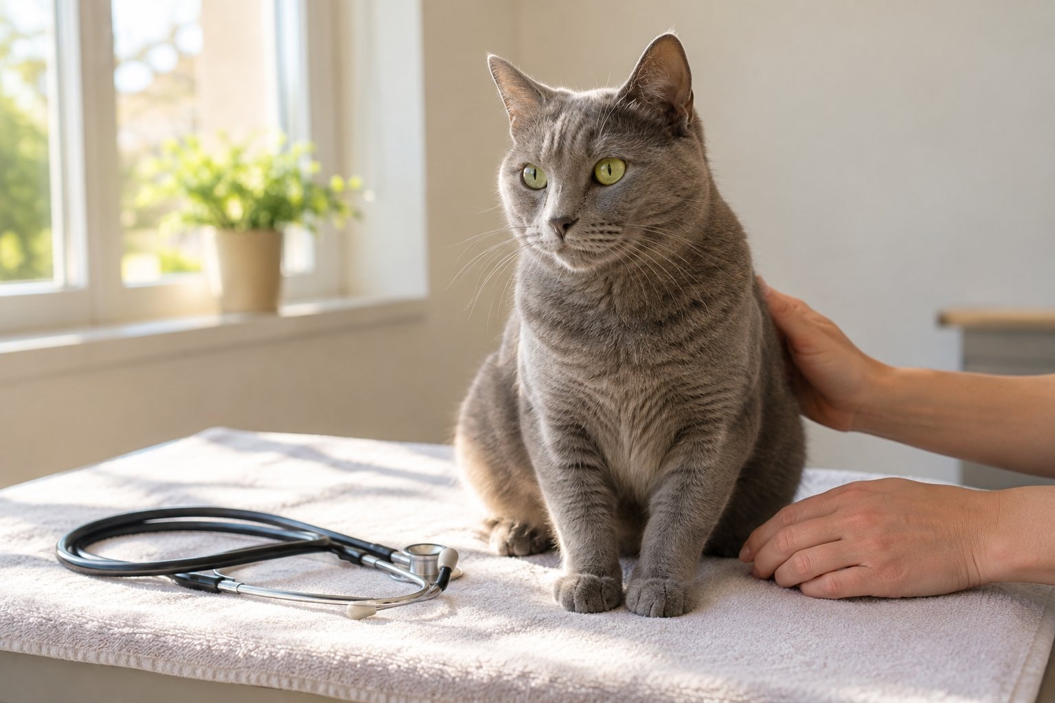 A grey cat on a towel-covered exam table beside a stethoscope and hands.