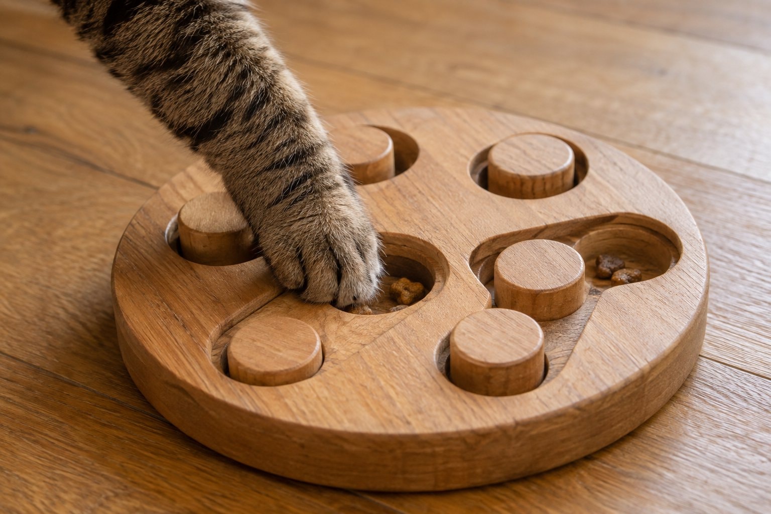 A tabby's paw reaching into a wooden food puzzle.