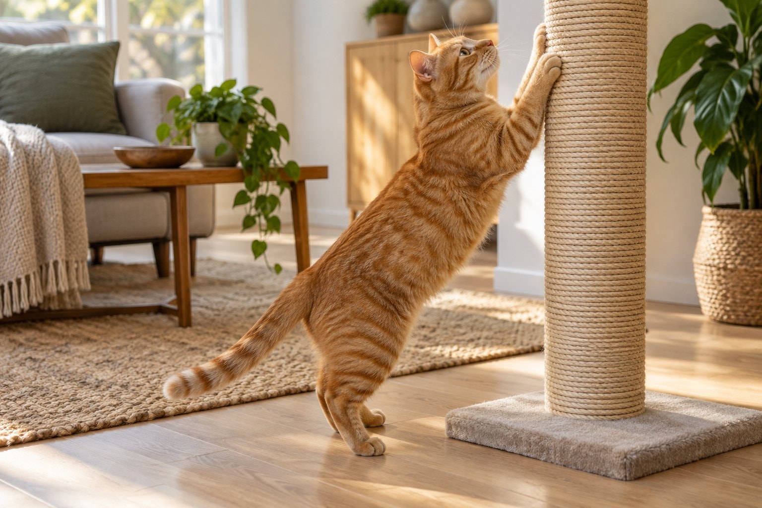 An orange tabby stretching up a sisal scratching post.