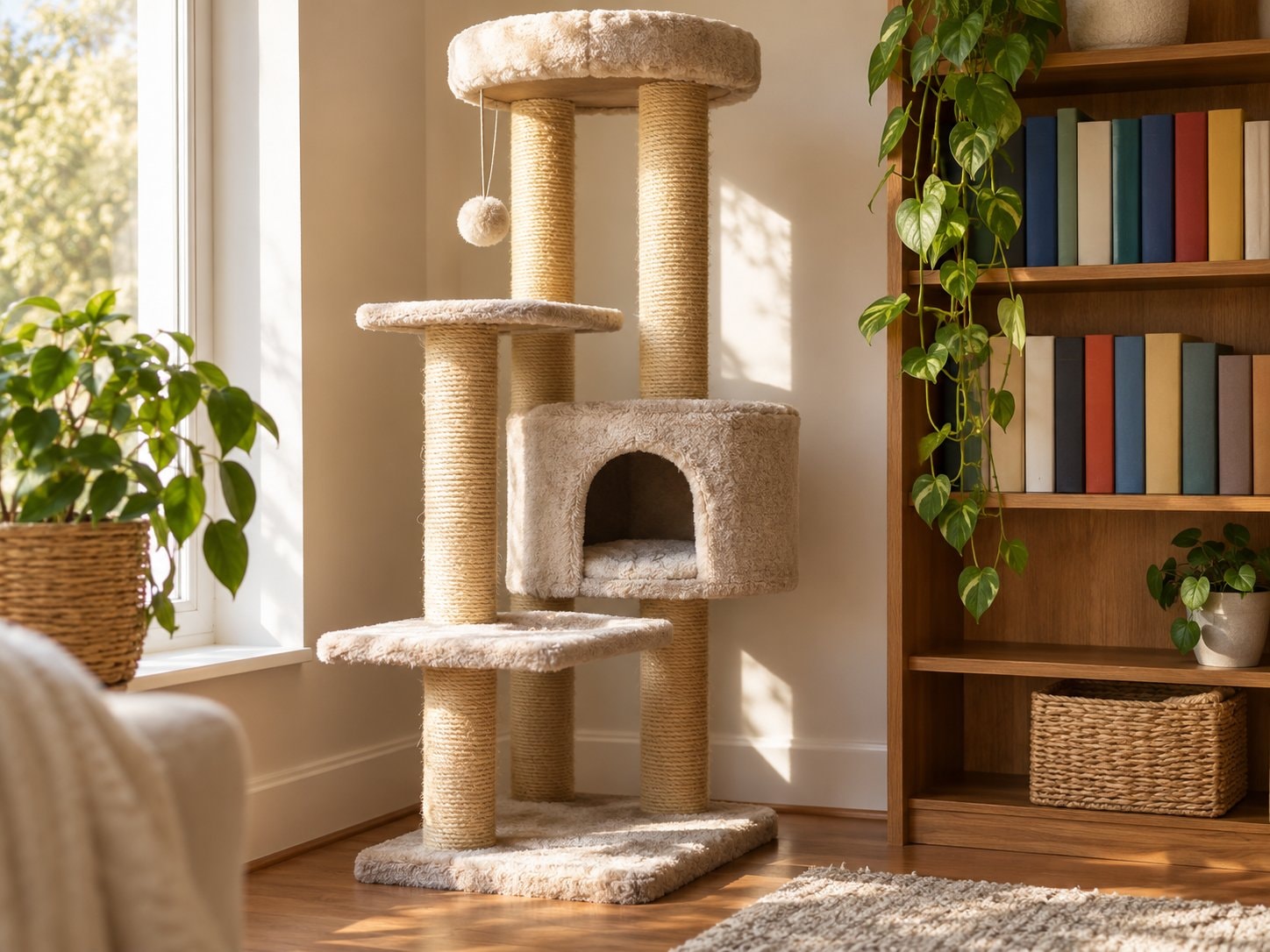 A tall cat tree beside a bookshelf with plain book spines.