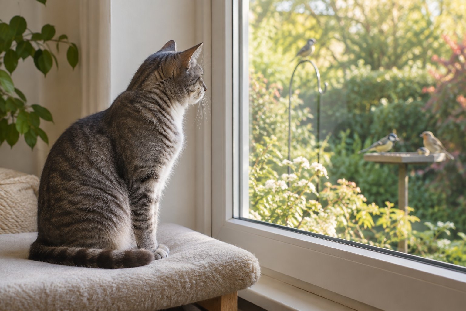 A tabby on a window perch watching birds in the garden.