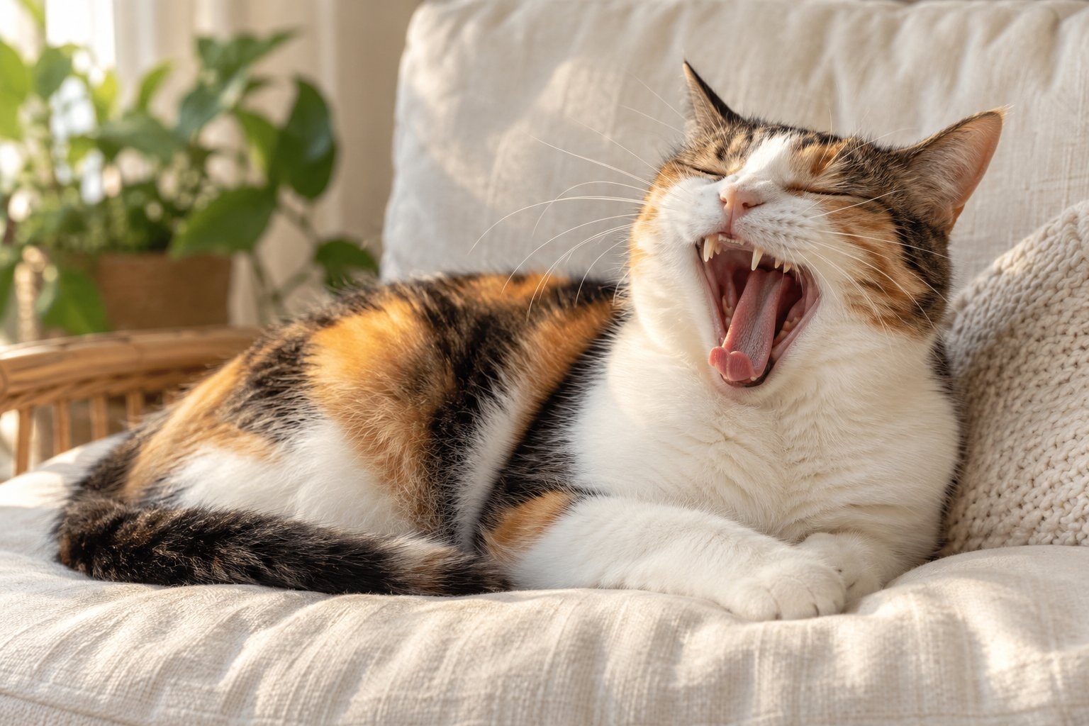 A calico cat yawning on a cushion in soft window light.