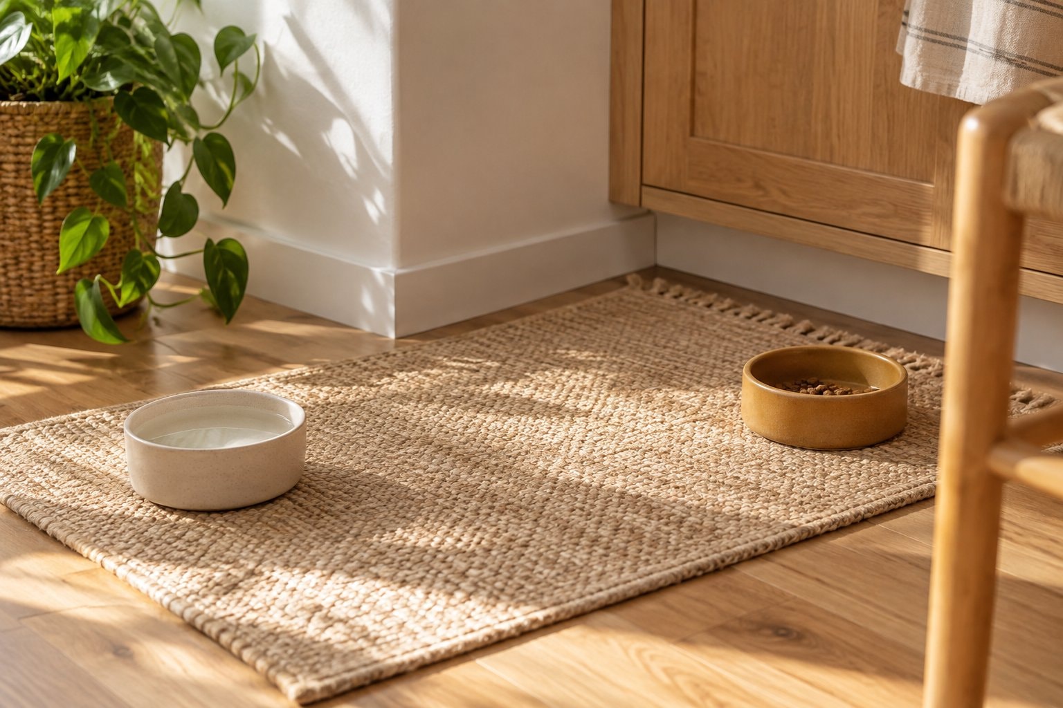 Ceramic water and food bowls apart from each other on a woven mat.