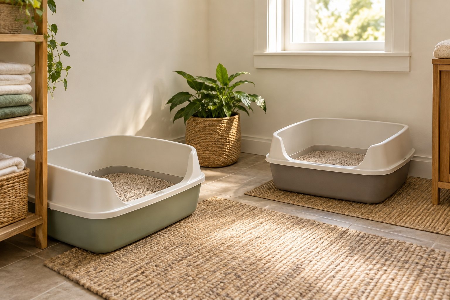 Clean litter boxes spaced apart in a bright corner.