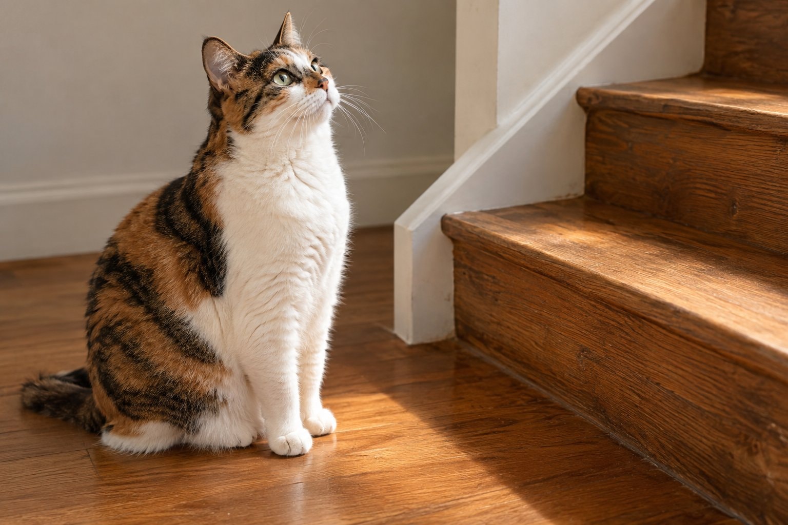A calico cat looking up from the foot of a wooden staircase.
