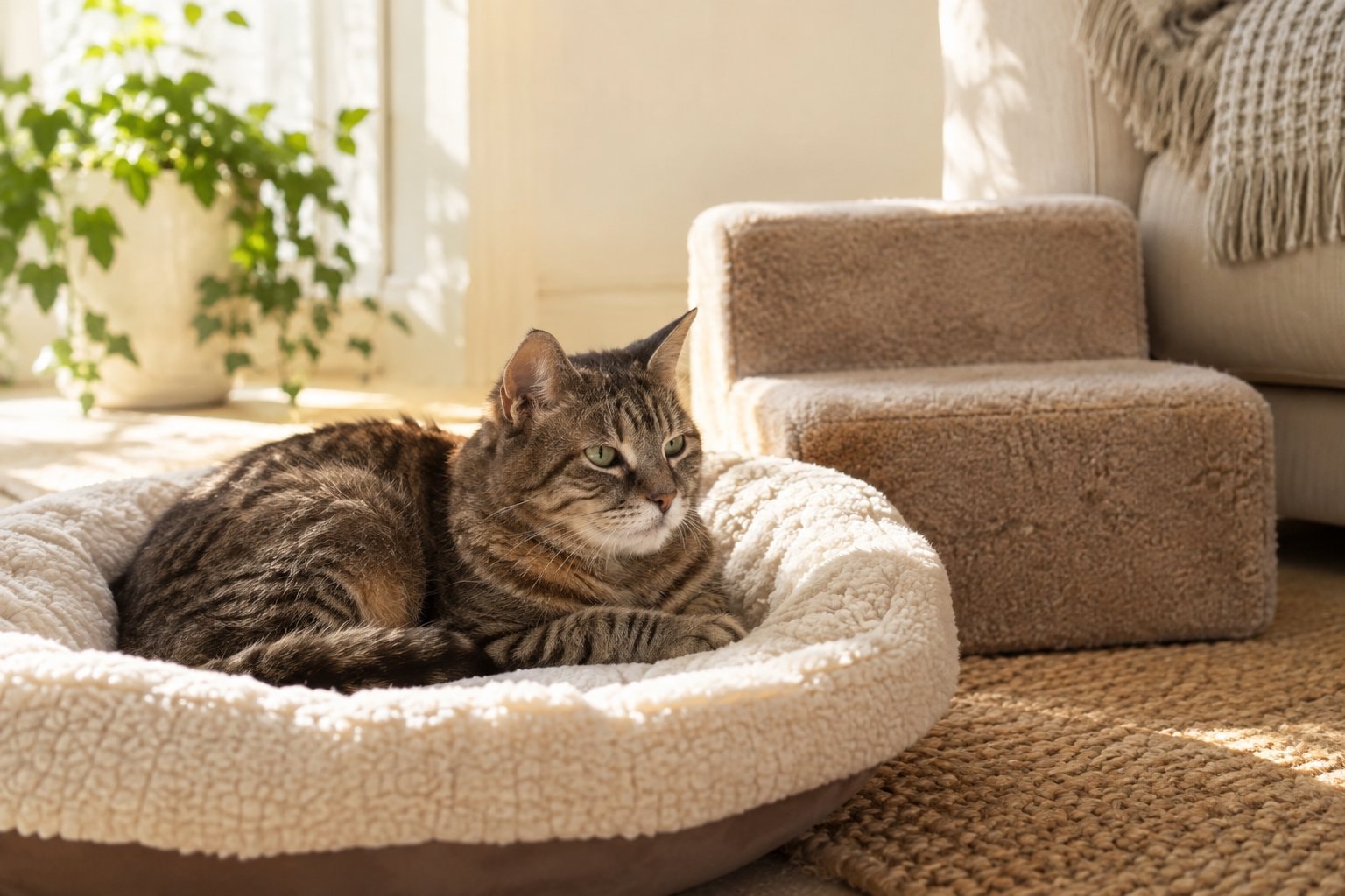 A tabby resting on a fleece bed beside a low pet step.