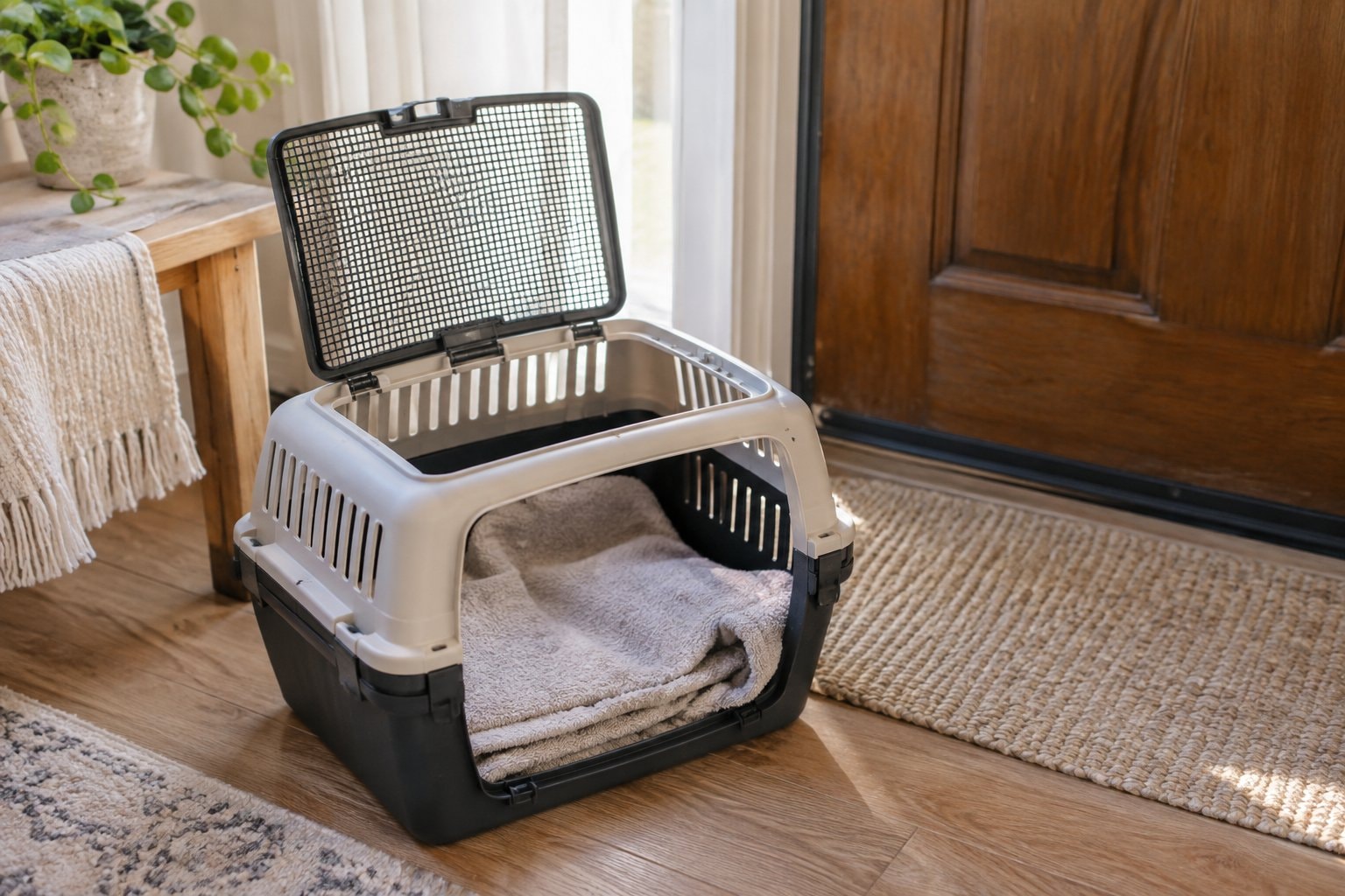 An open cat carrier with a folded towel beside a wooden front door.