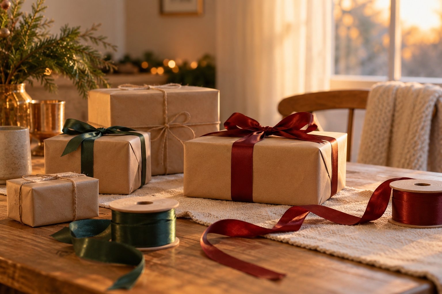 Plain wrapped boxes and ribbon spools on a table.