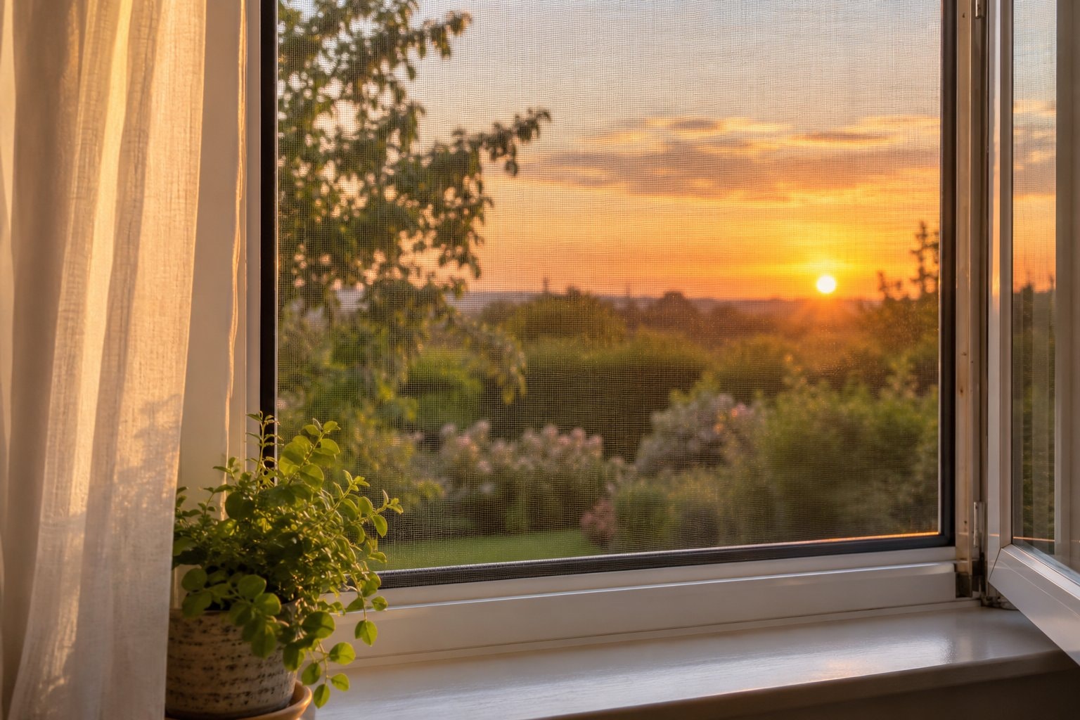 A fine window screen against a softly lit evening garden.