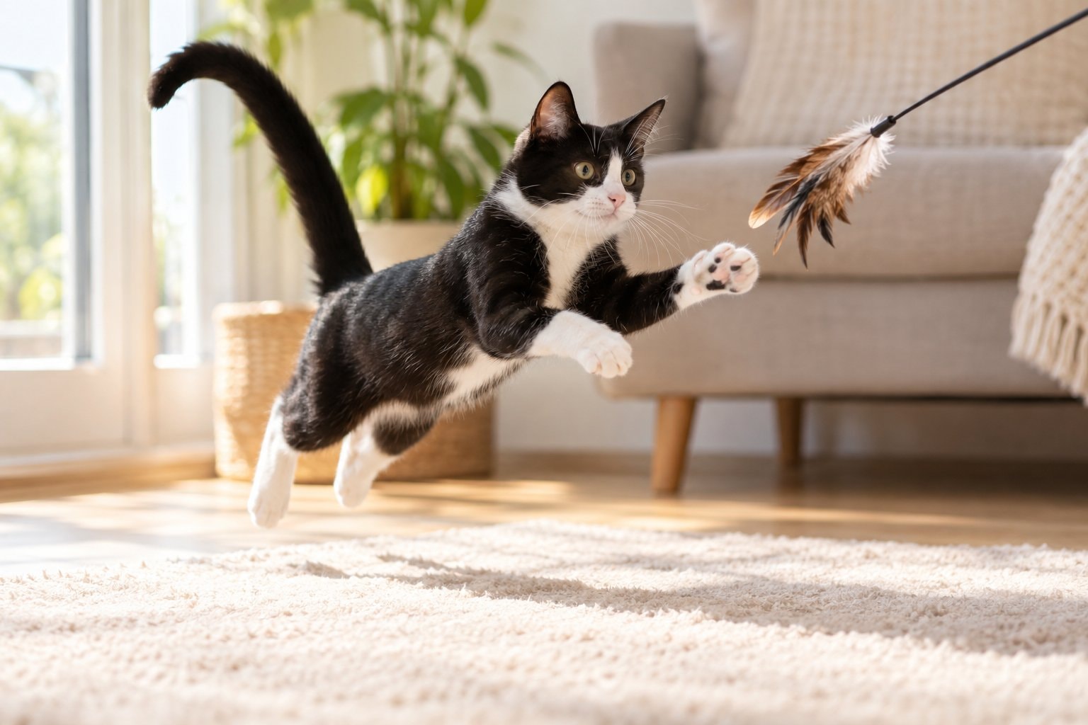 A tuxedo cat leaping toward a feather wand toy.
